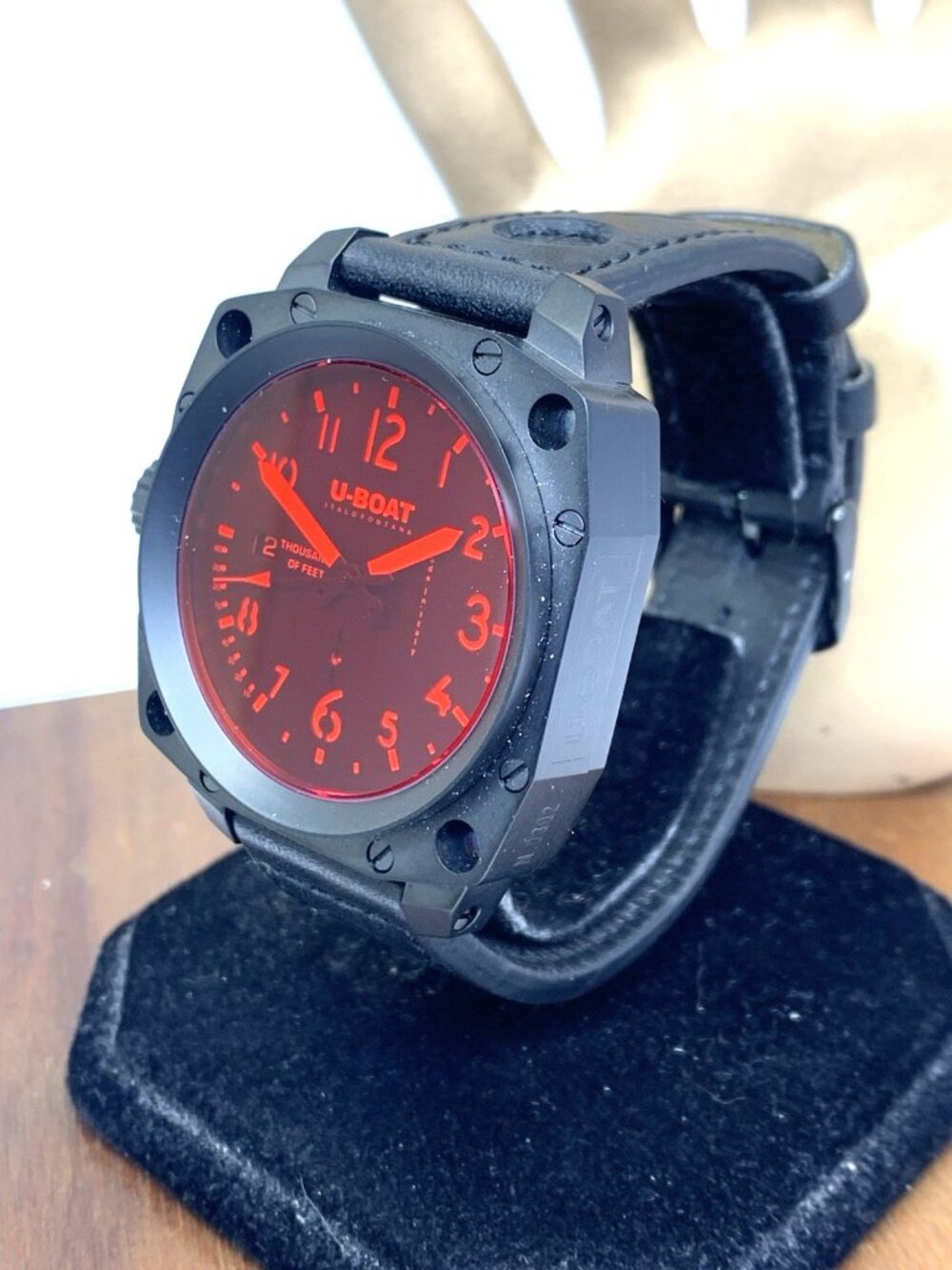 U-Boat Men's Watch 1846 Lefty Swiss Automatic Black Red Face Leather Strap 43mm - Picture 2 of 13